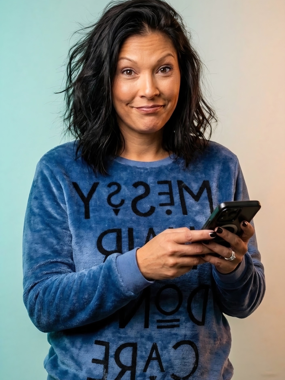Plush Blue Crewneck Sweater with Bold Graphic